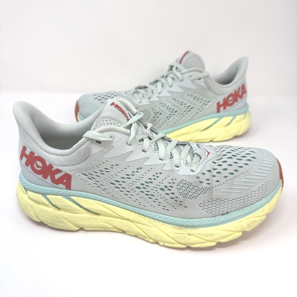 Hoka One One Clifton 7 Morning Mist Hot Coral Womens 8.5 Running Shoes NO INSOLE